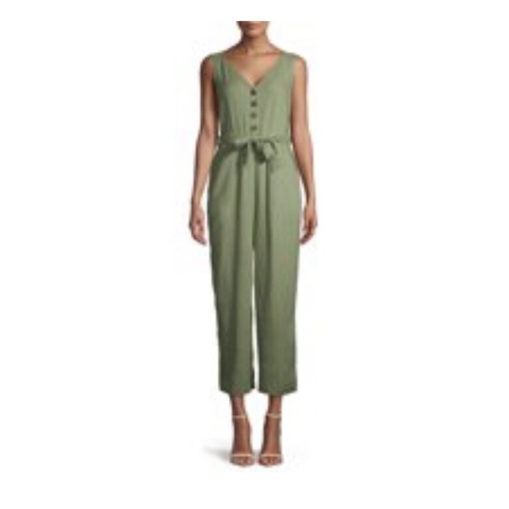 Time and Tru Women Sleeveless Linen Jumpsuit with Tie Belt Green XXL (20) NEW